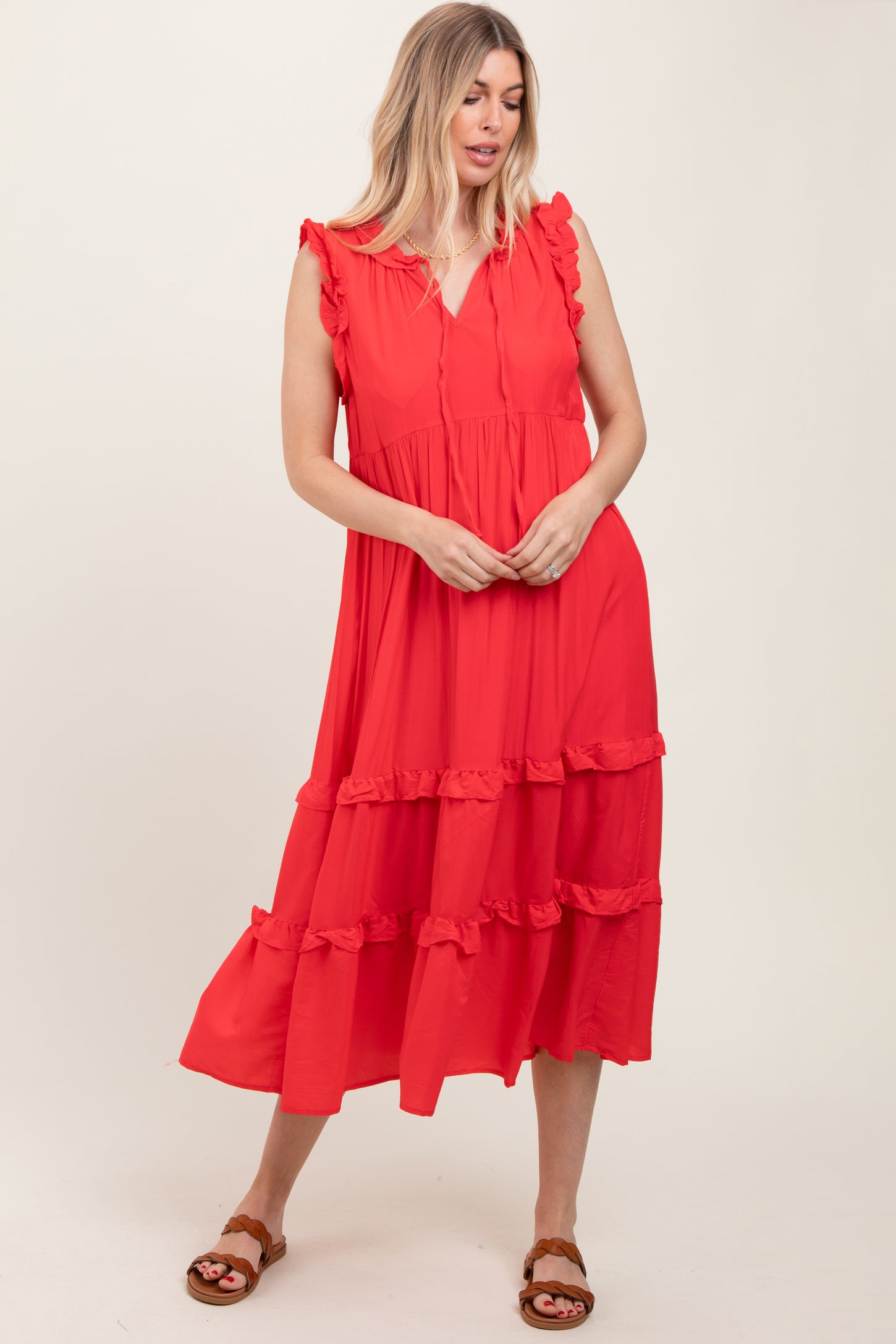 Red Ruffle Accent Tiered Front Tie Maternity Midi Dress