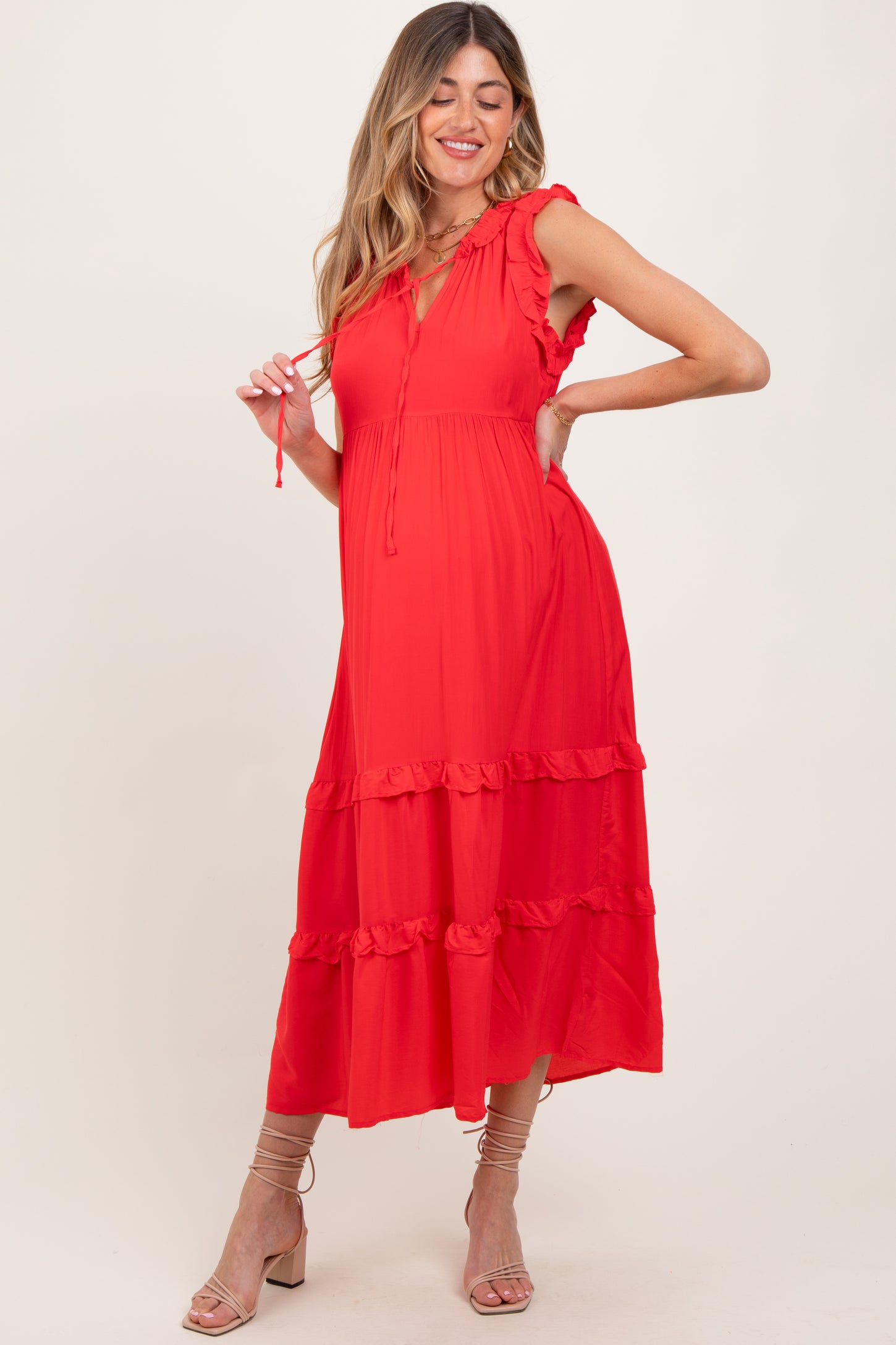 Red Ruffle Accent Tiered Front Tie Maternity Midi Dress
