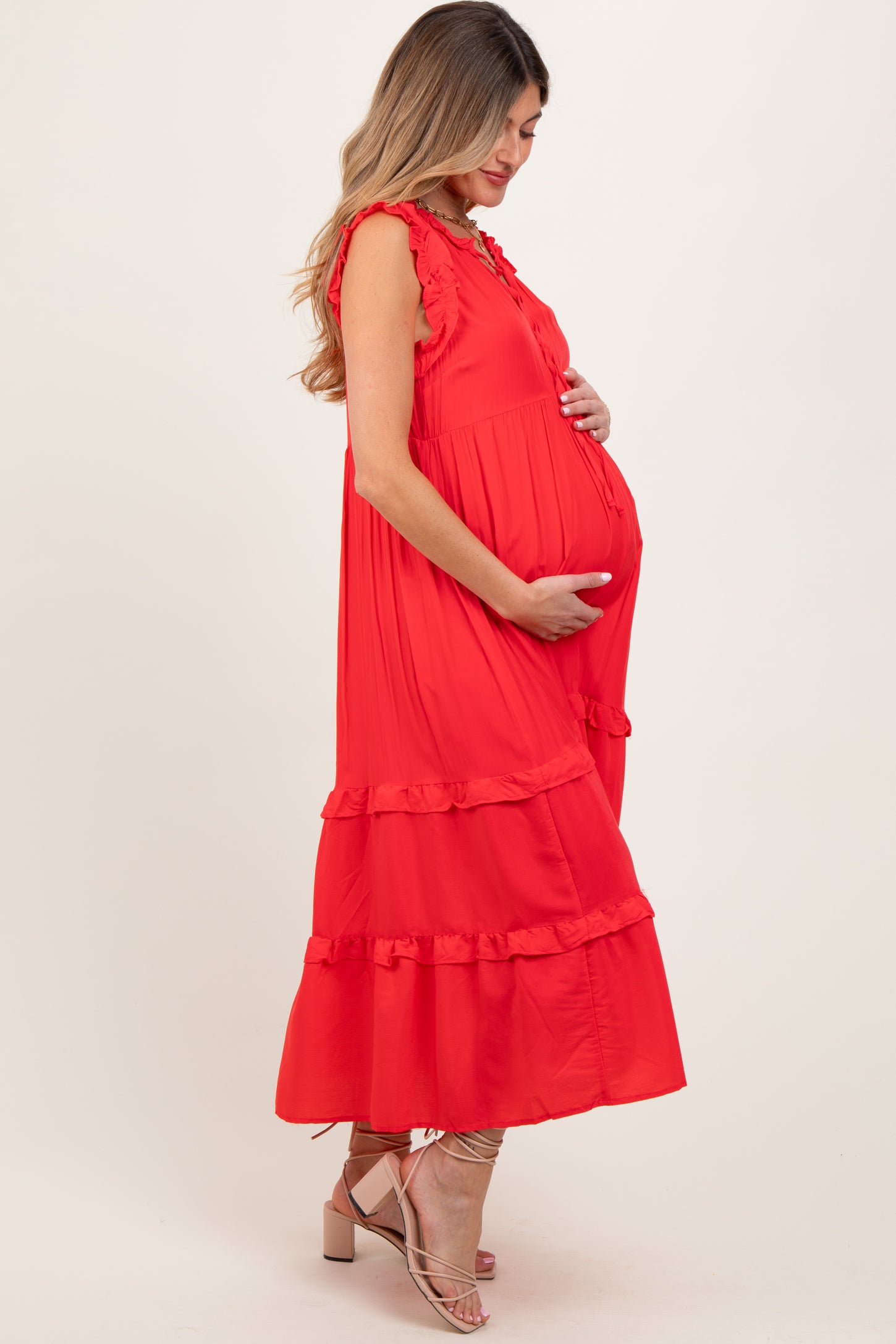 Red Ruffle Accent Tiered Front Tie Maternity Midi Dress