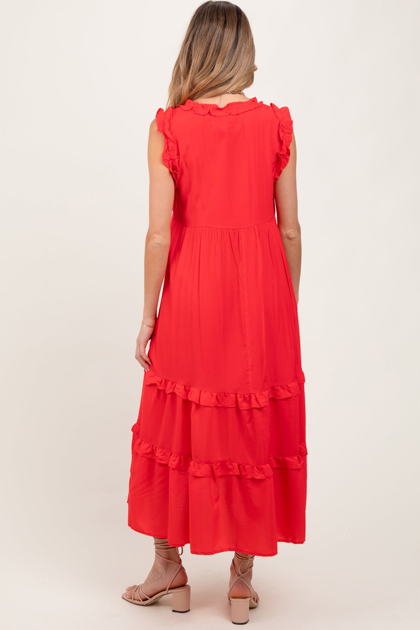 Red Ruffle Accent Tiered Front Tie Maternity Midi Dress