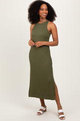Olive Sleeveless Side Slit Maternity Midi Dress