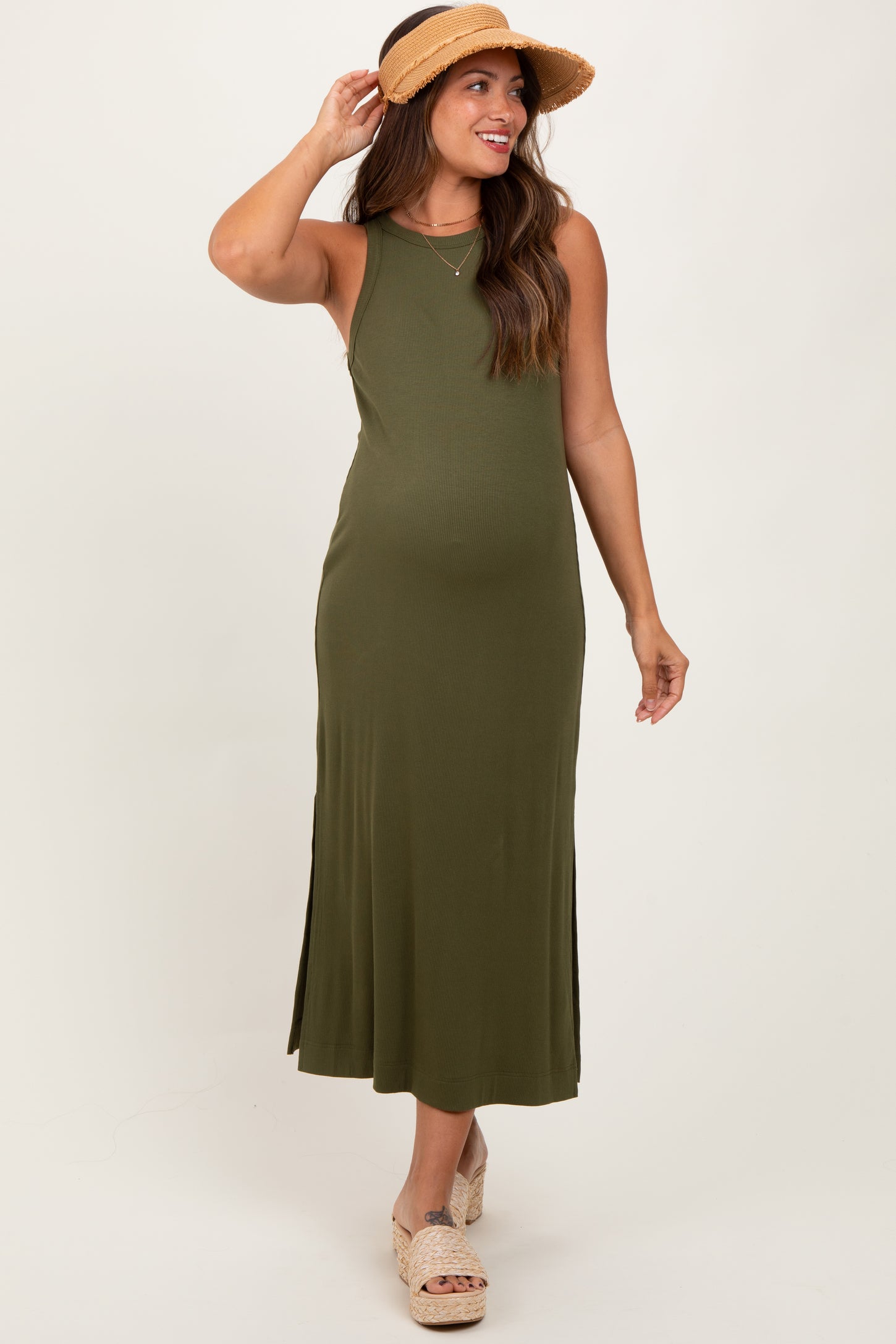 Olive Sleeveless Side Slit Maternity Midi Dress