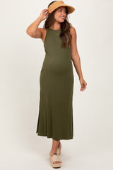 Olive Sleeveless Side Slit Maternity Midi Dress