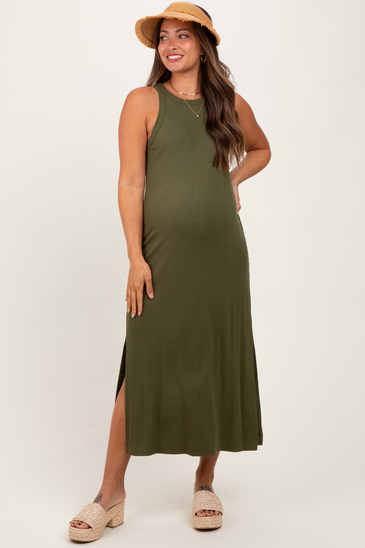 Olive Sleeveless Side Slit Maternity Midi Dress