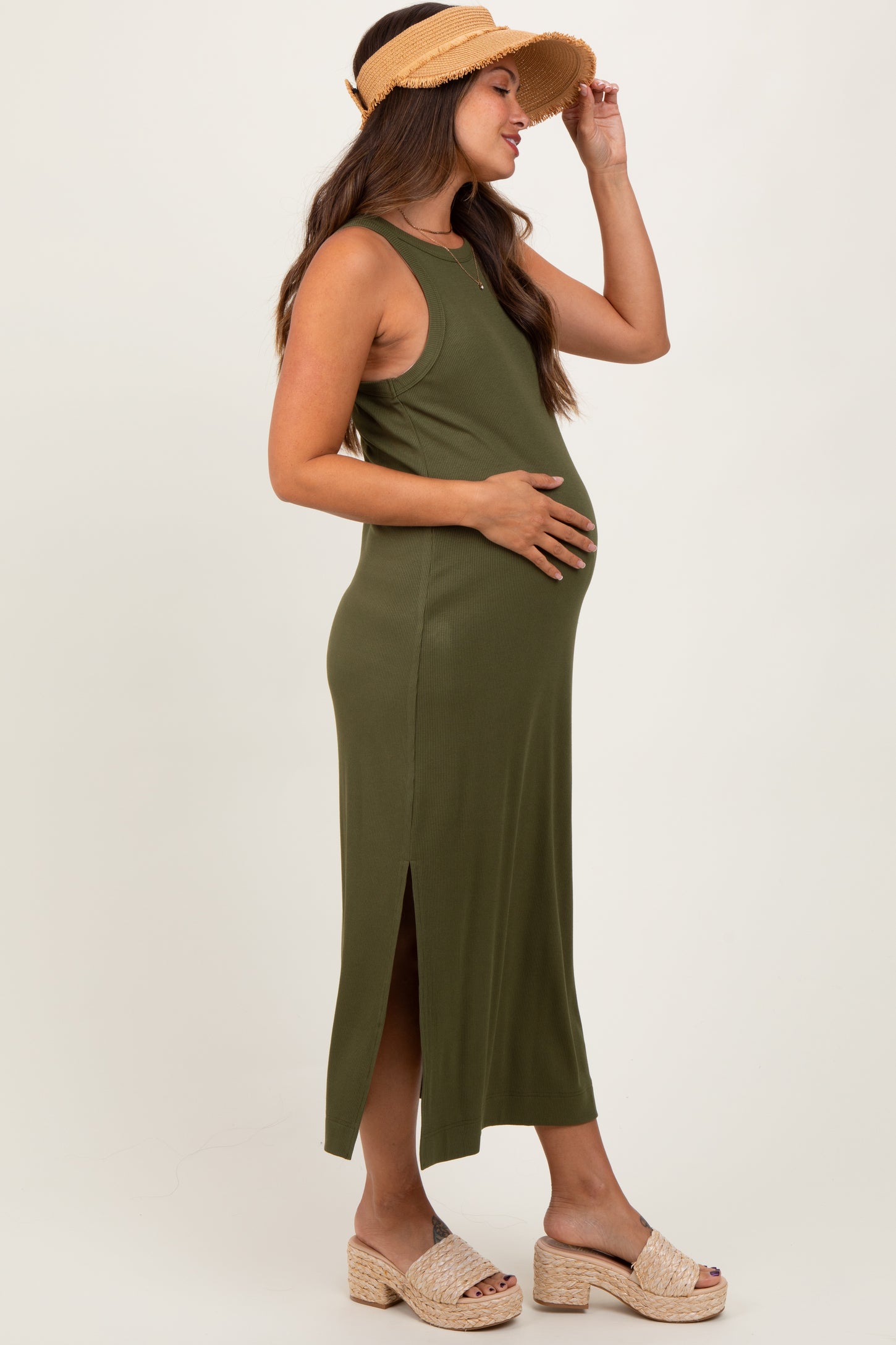 Olive Sleeveless Side Slit Maternity Midi Dress