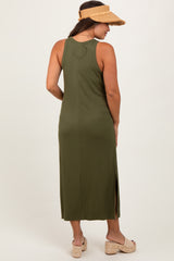Olive Sleeveless Side Slit Maternity Midi Dress