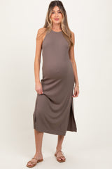 Mocha Sleeveless Side Slit Maternity Midi Dress