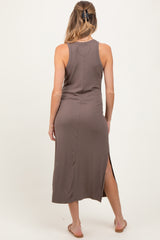 Mocha Sleeveless Side Slit Maternity Midi Dress