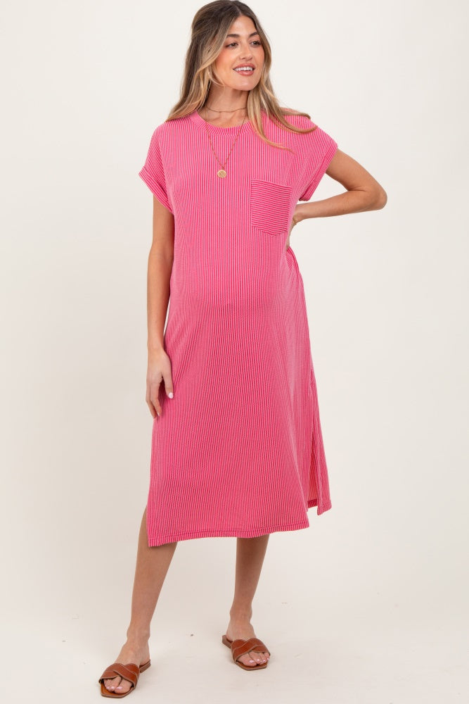 Pink Ribbed Short Sleeve Front Pocket Maternity Midi Dress