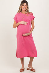 Pink Ribbed Short Sleeve Front Pocket Maternity Midi Dress
