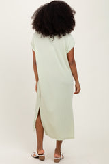 Light Olive Ribbed Short Sleeve Front Pocket Midi Dress