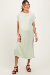 Light Olive Ribbed Short Sleeve Front Pocket Maternity Midi Dress