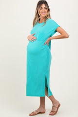 Mint Ribbed Short Sleeve Front Pocket Maternity Midi Dress