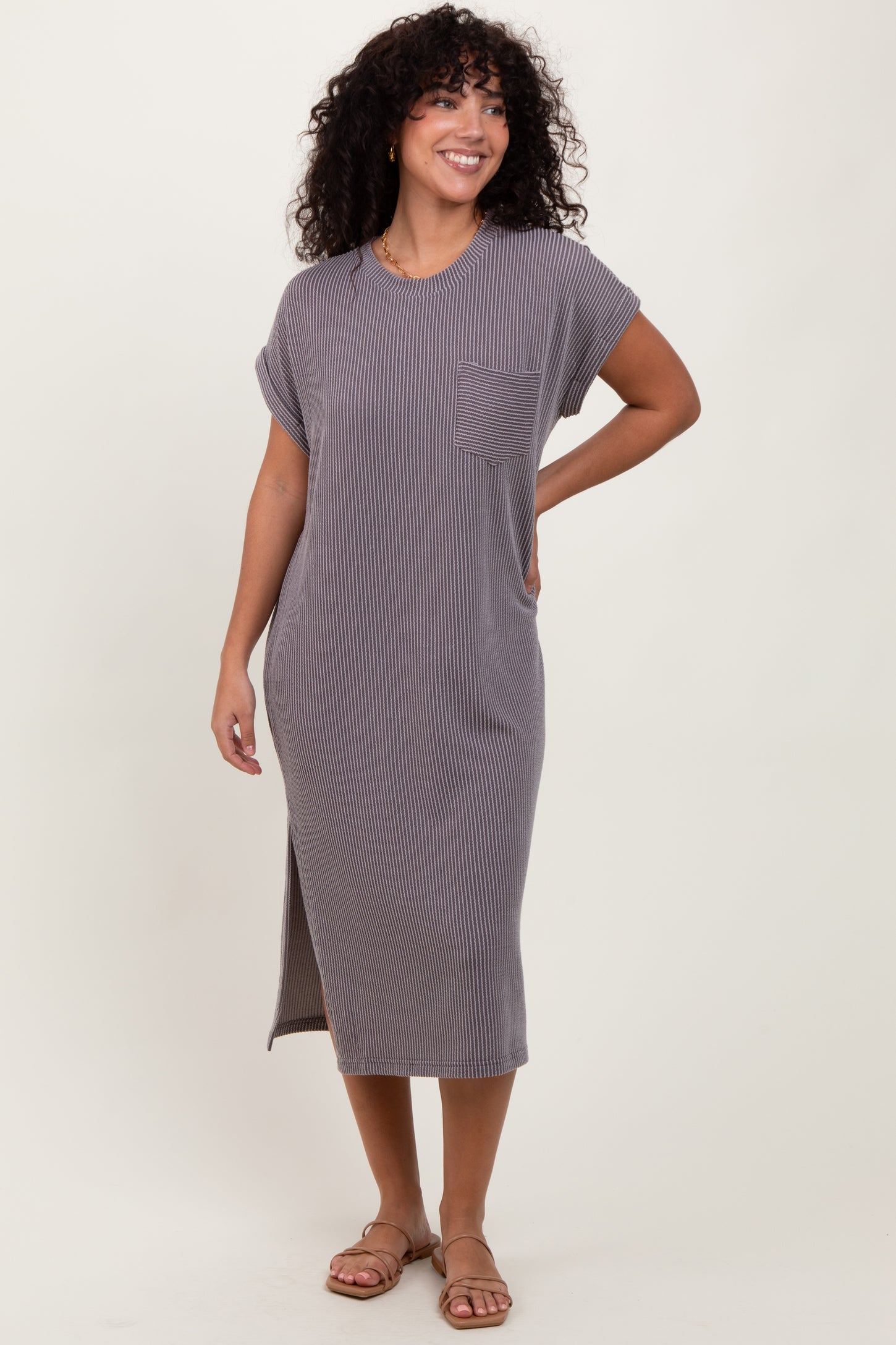 Grey Ribbed Short Sleeve Front Pocket Maternity Midi Dress