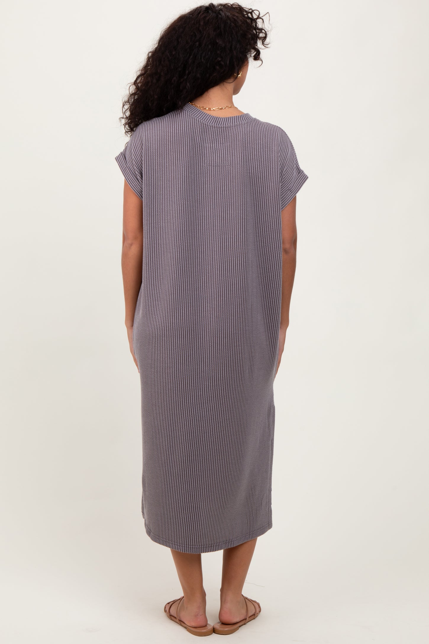 Grey Ribbed Short Sleeve Front Pocket Midi Dress