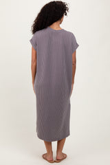 Grey Ribbed Short Sleeve Front Pocket Midi Dress