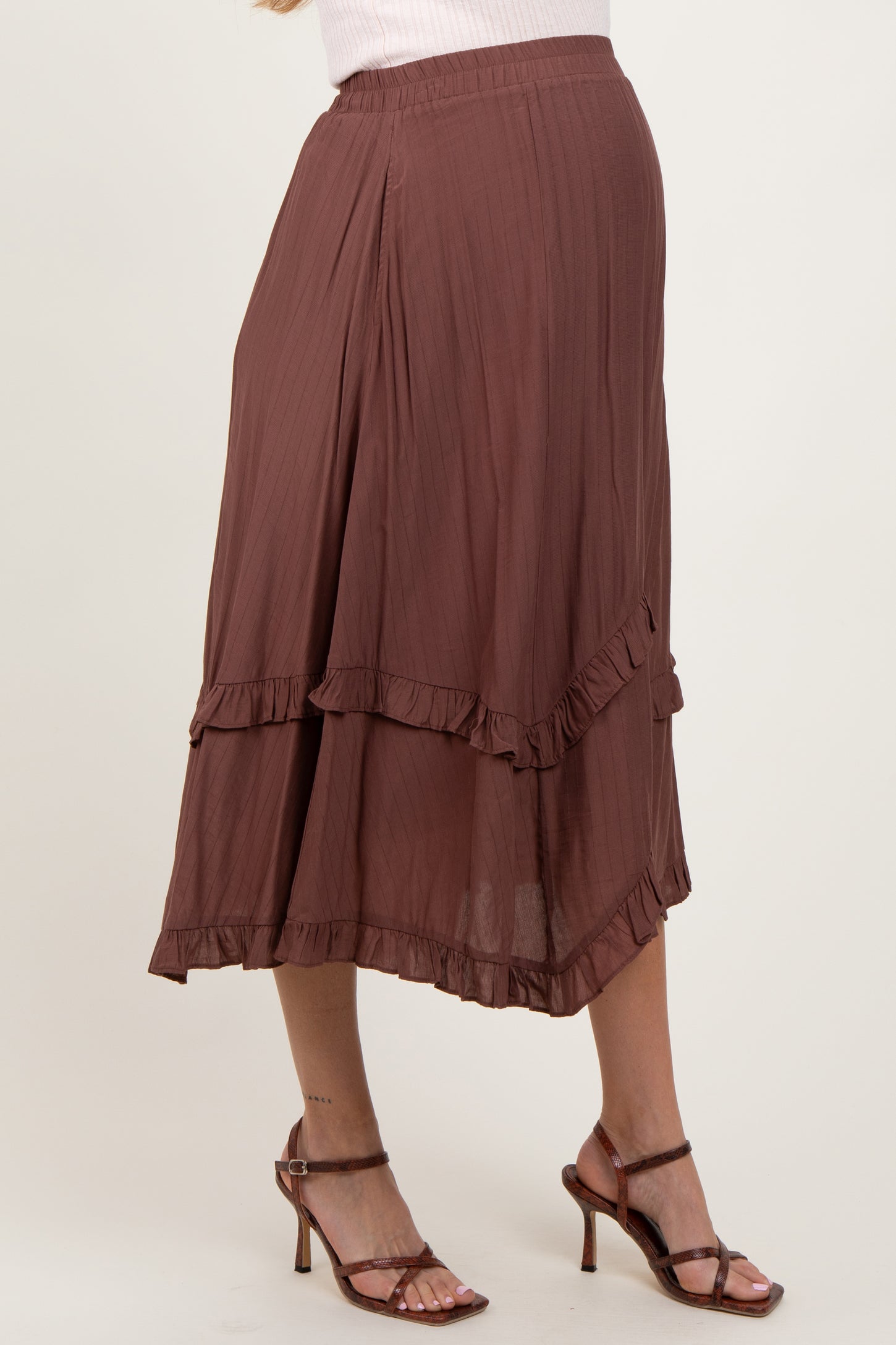 Mocha Ruffle Tiered Maternity Midi Skirt