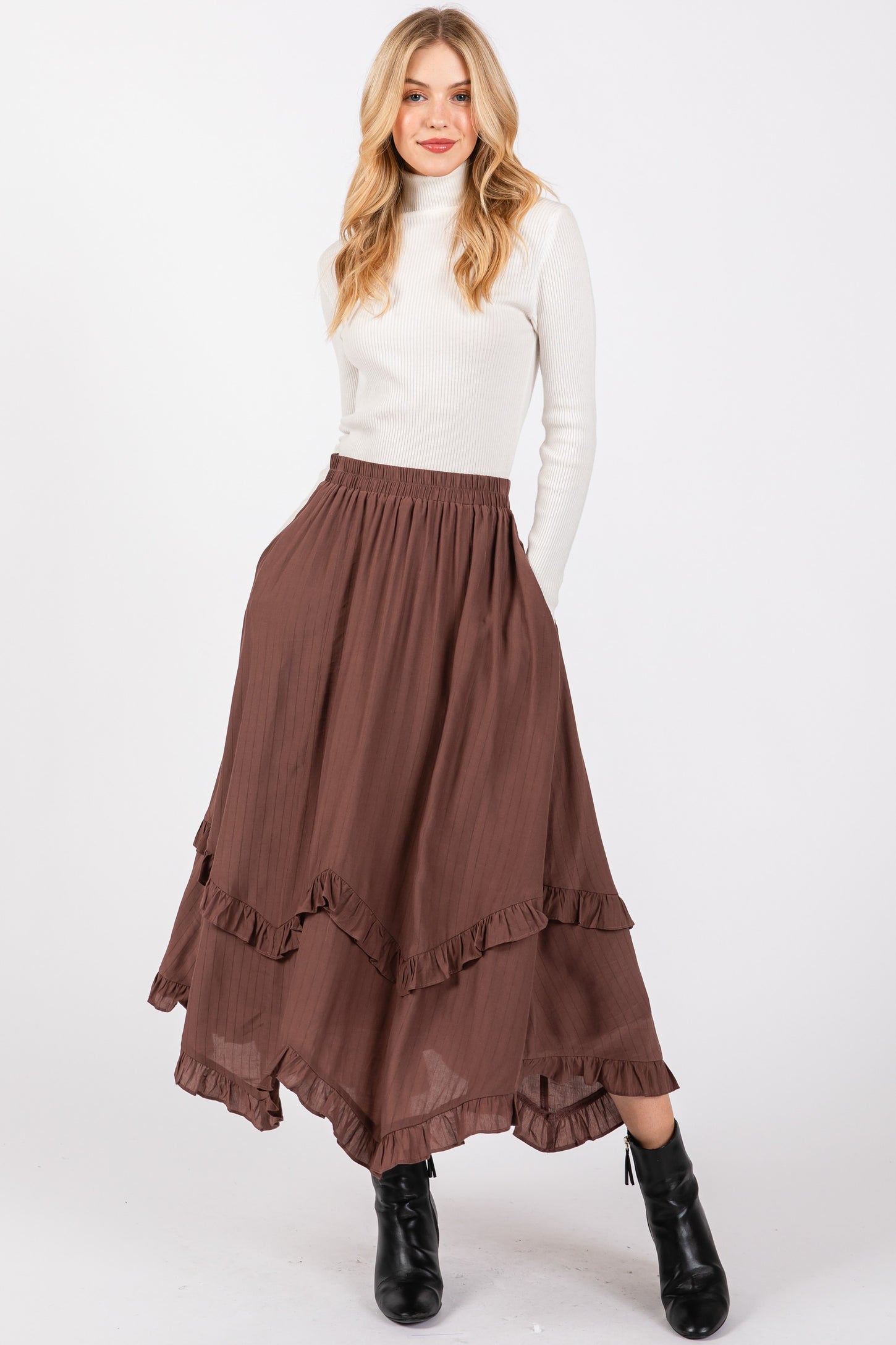 Mocha  Ruffle Tiered Midi Skirt