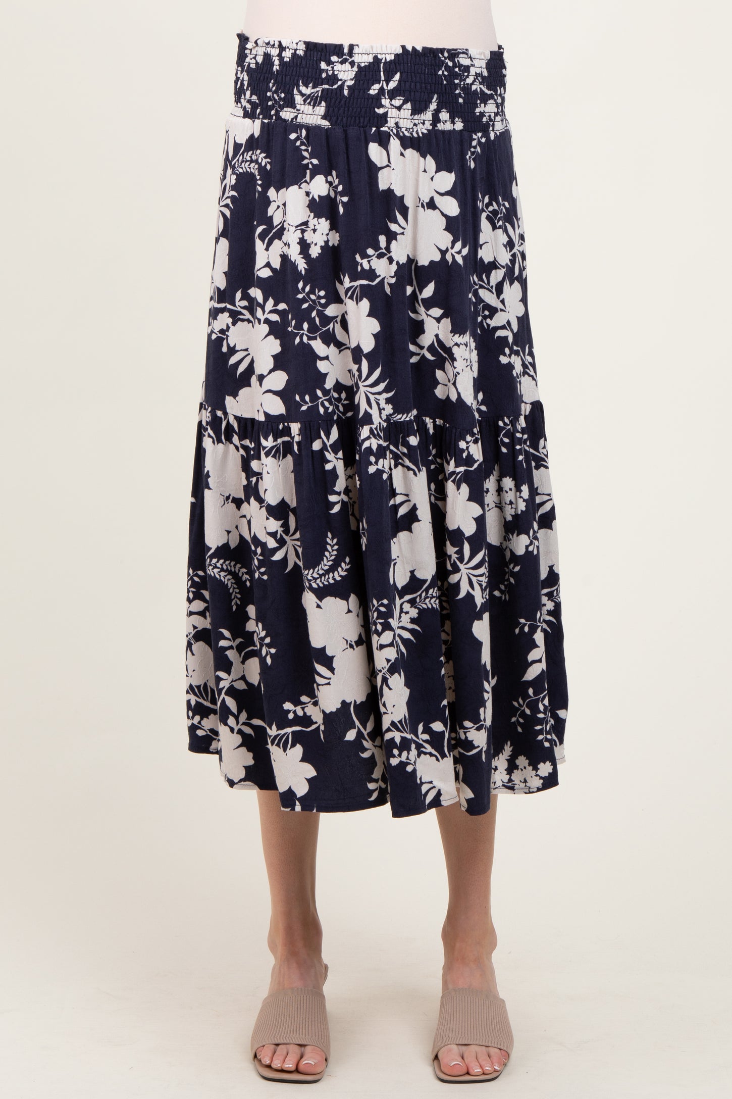 Navy Floral Smocked Waist Maternity Midi Skirt