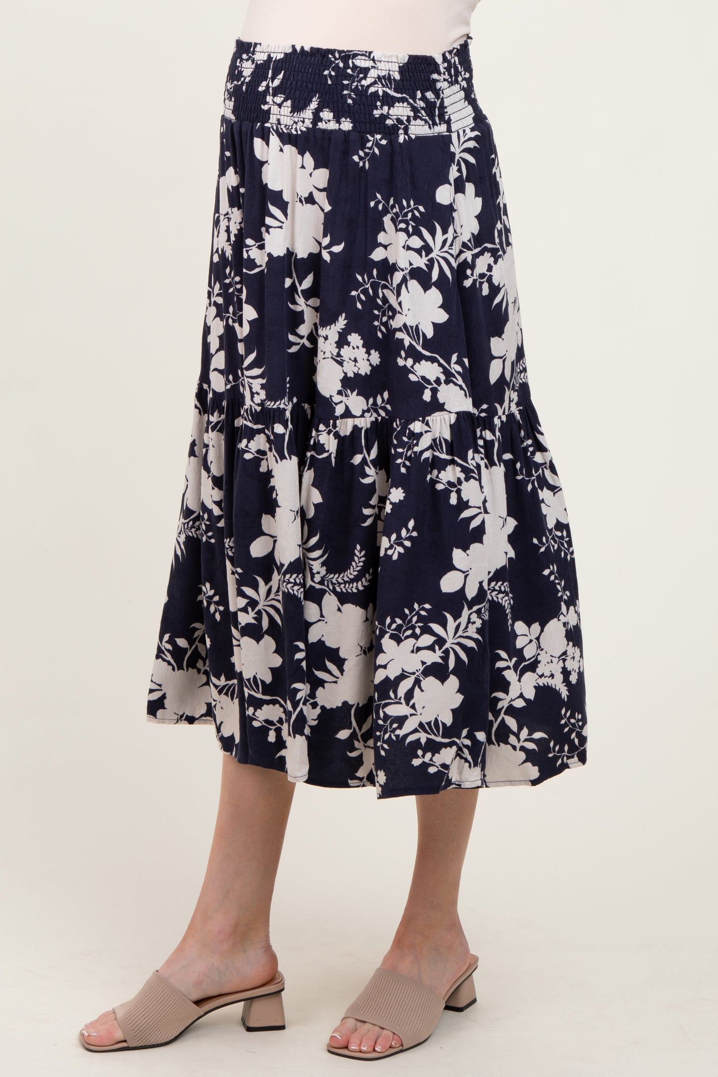 Navy Floral Smocked Waist Maternity Midi Skirt