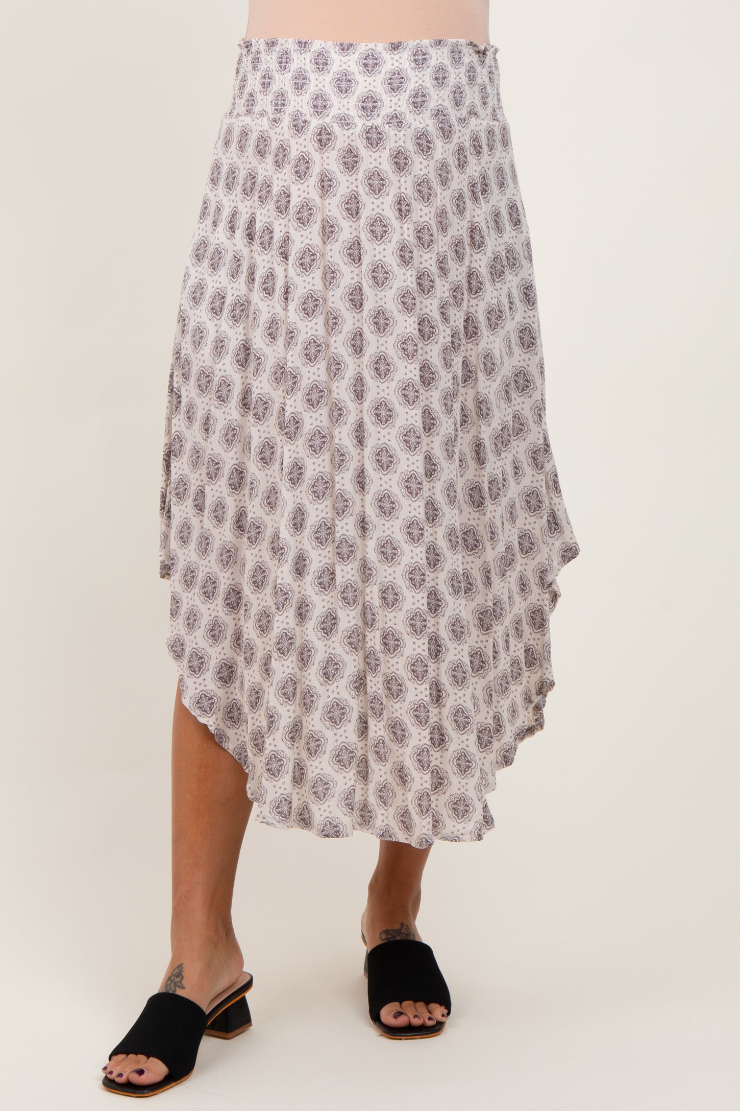 Grey Damask Print Smocked Waistband Maternity Midi Skirt