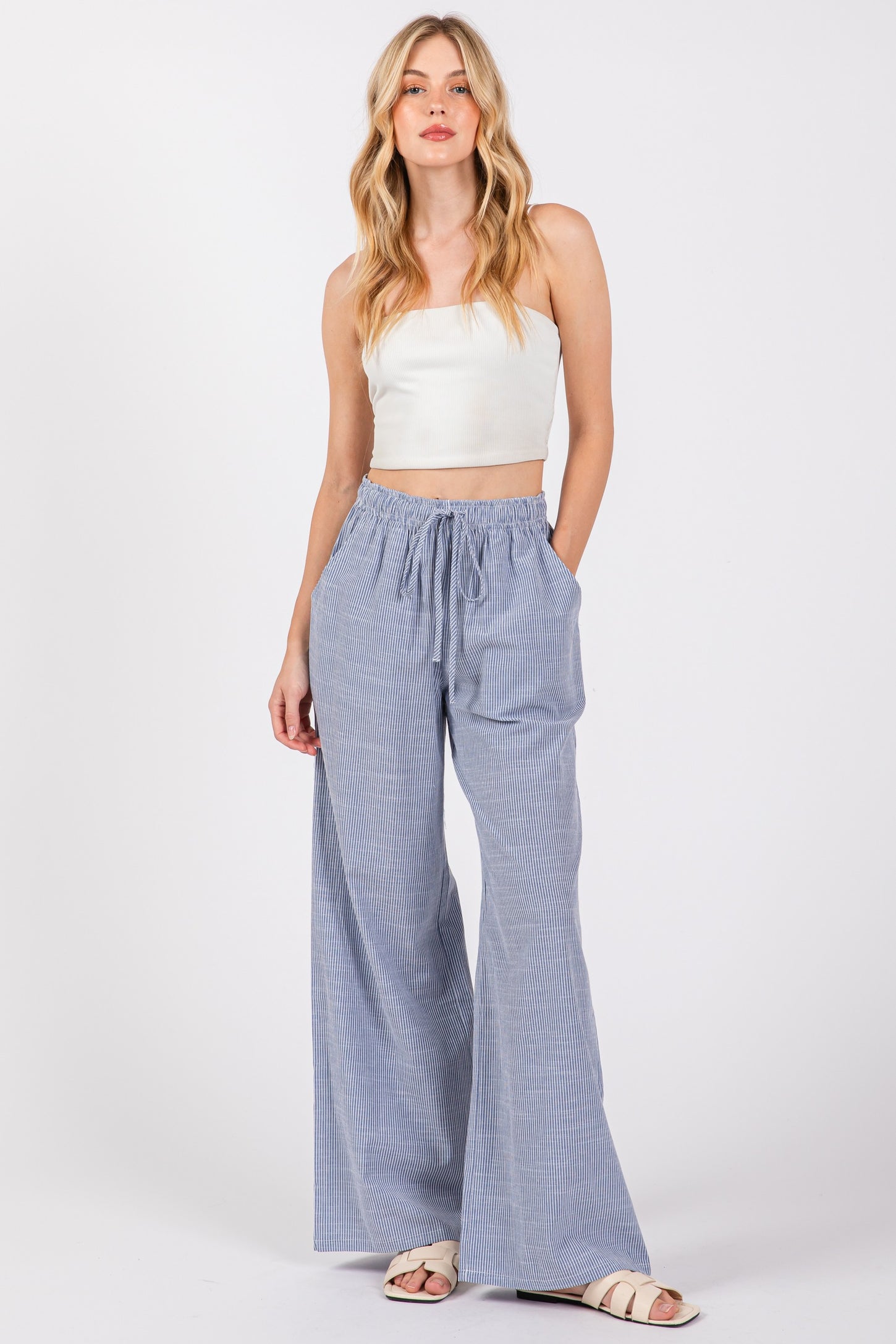 Blue Striped Drawstring Wide Leg Pants