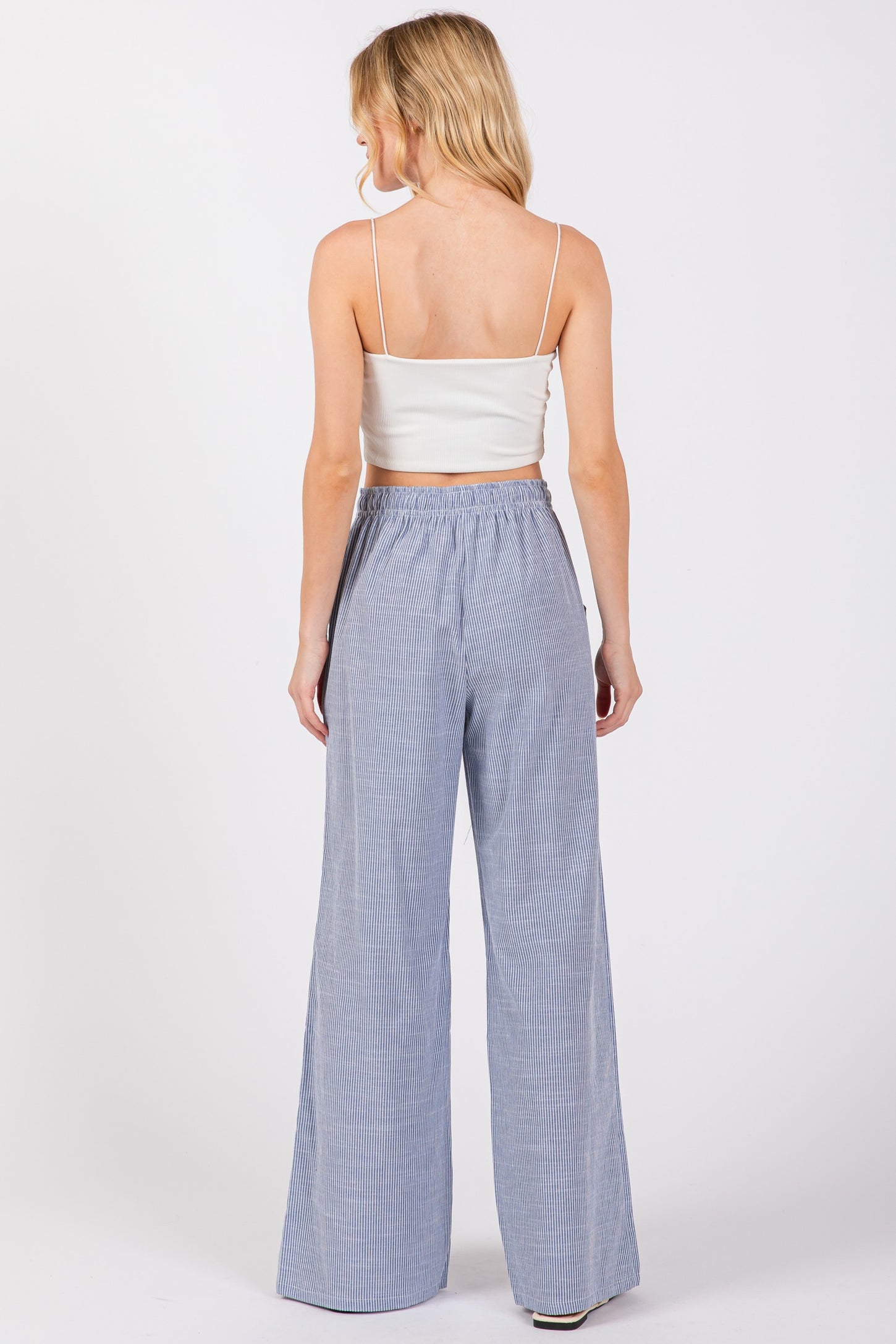 Blue Striped Drawstring Wide Leg Pants