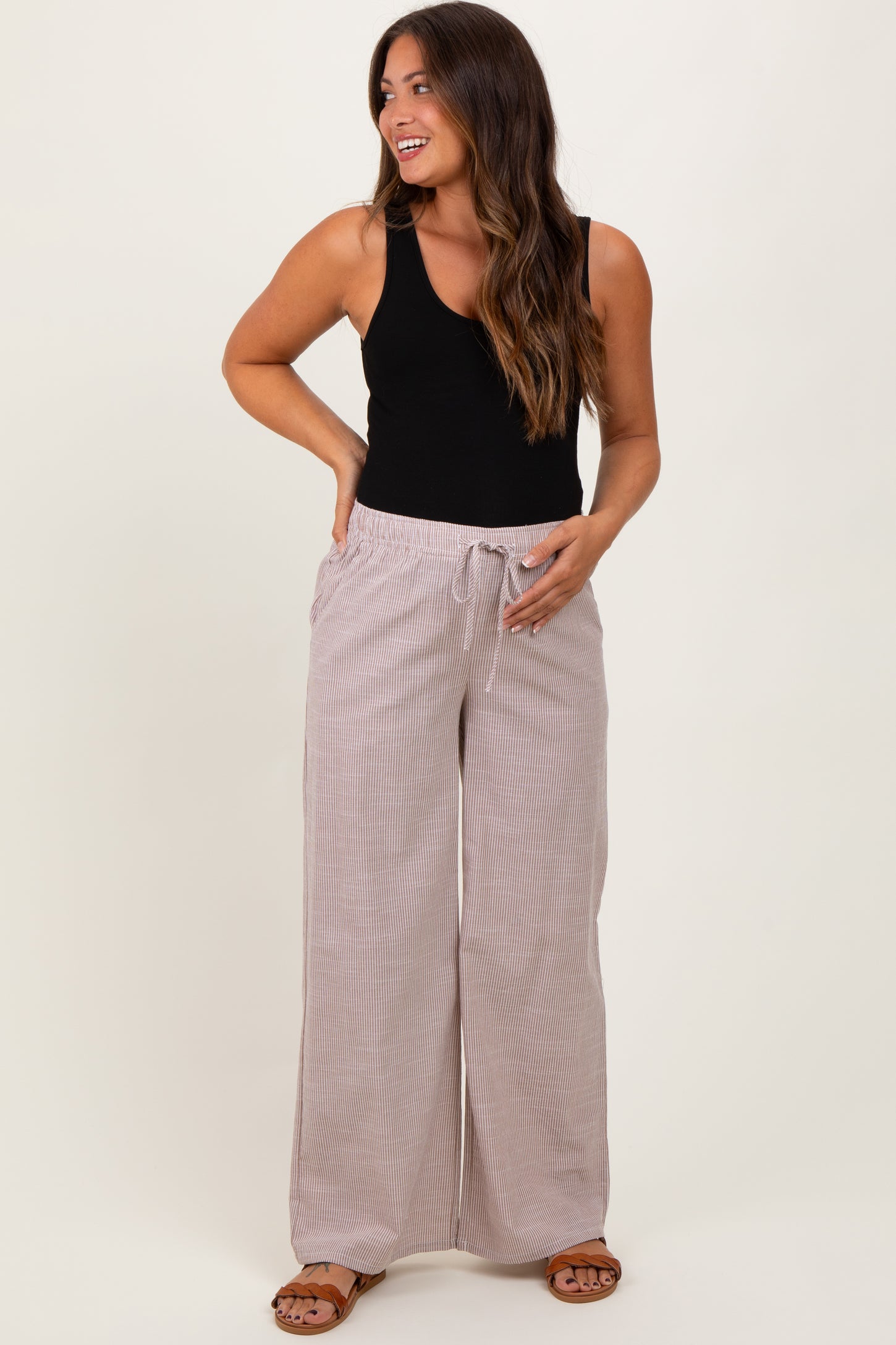Light Taupe Striped Drawstring Wide Leg Maternity Pants