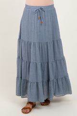 Blue Drawstring Tiered Maternity Maxi Skirt