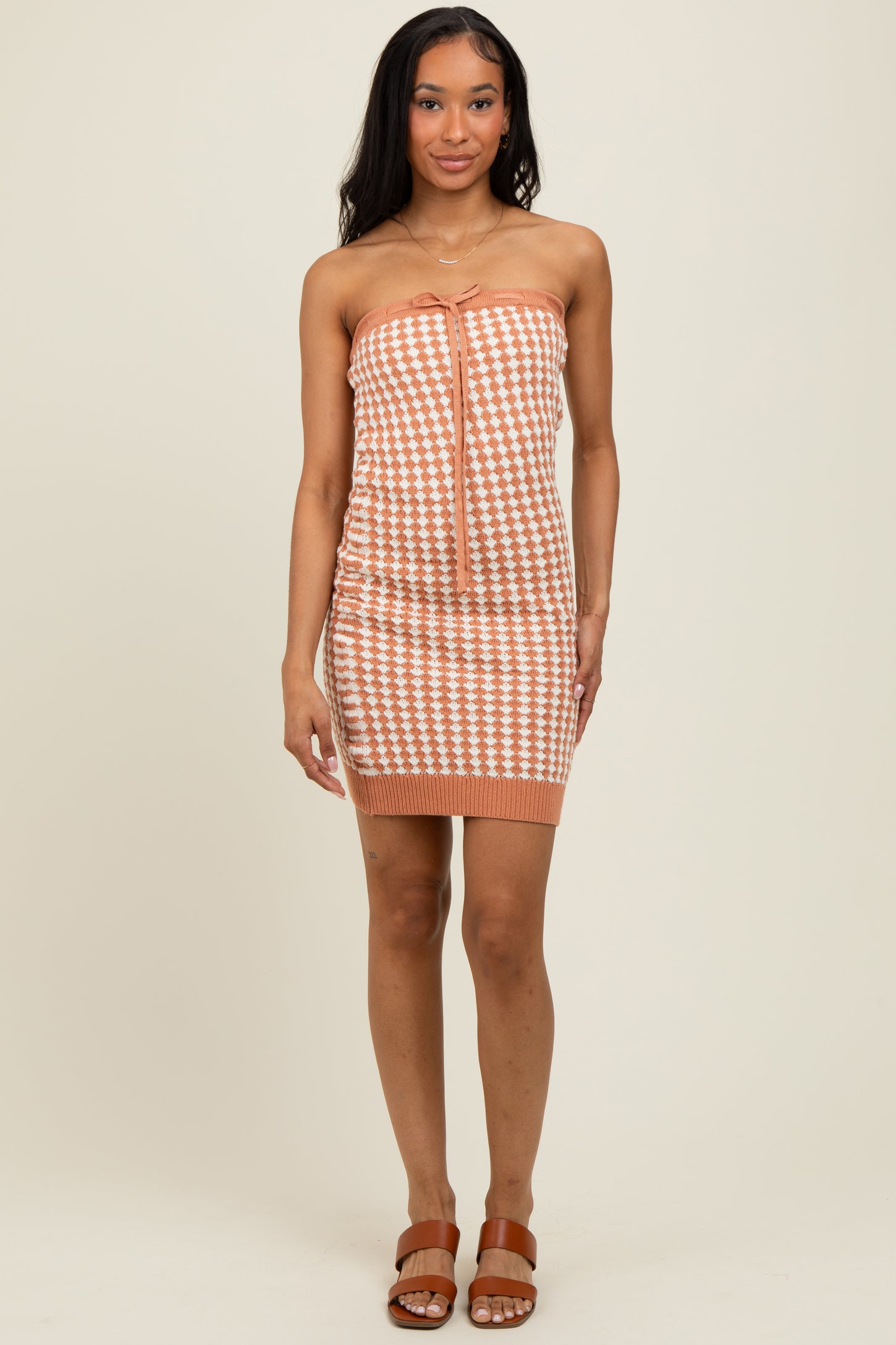 Rust Soft Color Mixed Sweater Tube Dress