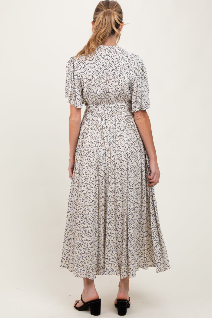 Cream Flutter Sleeve Button Down Maternity Maxi Dress