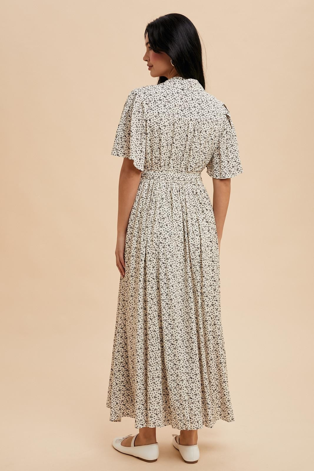 Cream Flutter Sleeve Button Down Maxi Dress