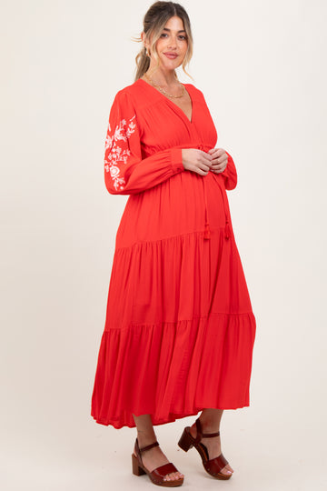 Red Embroidered Long Sleeve Maternity Maxi Dress