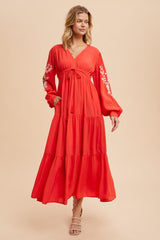 Red Embroidered Long Sleeve Maternity Maxi Dress