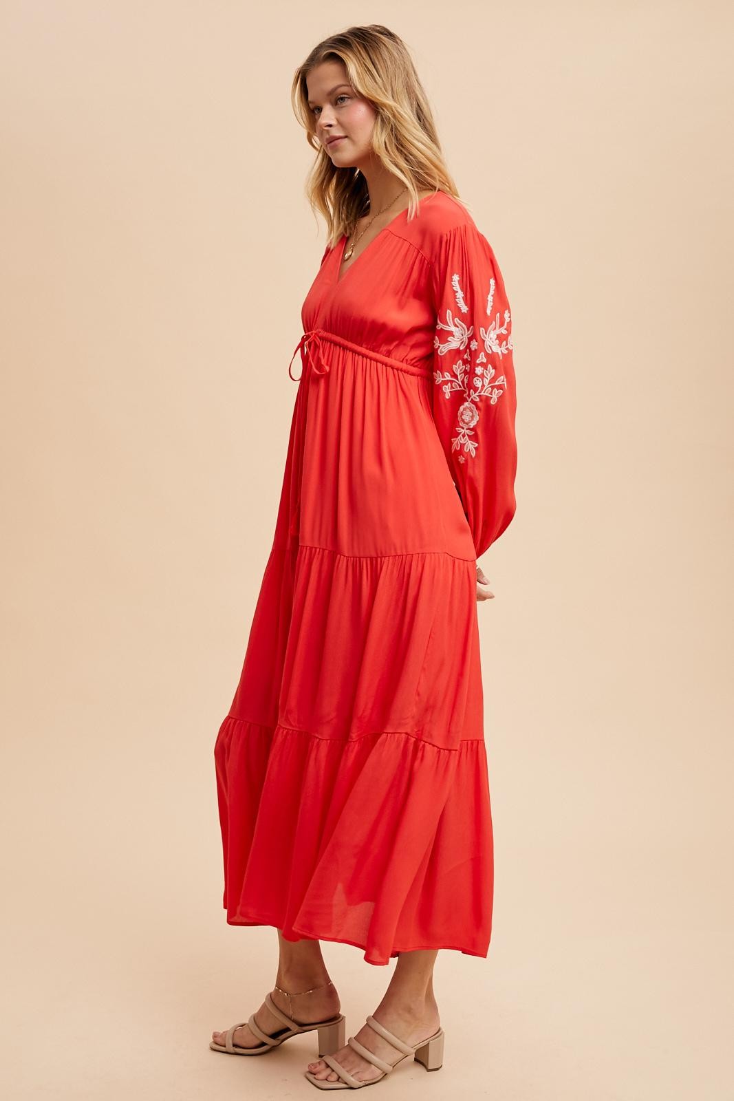 Red Embroidered Long Sleeve Maxi Dress