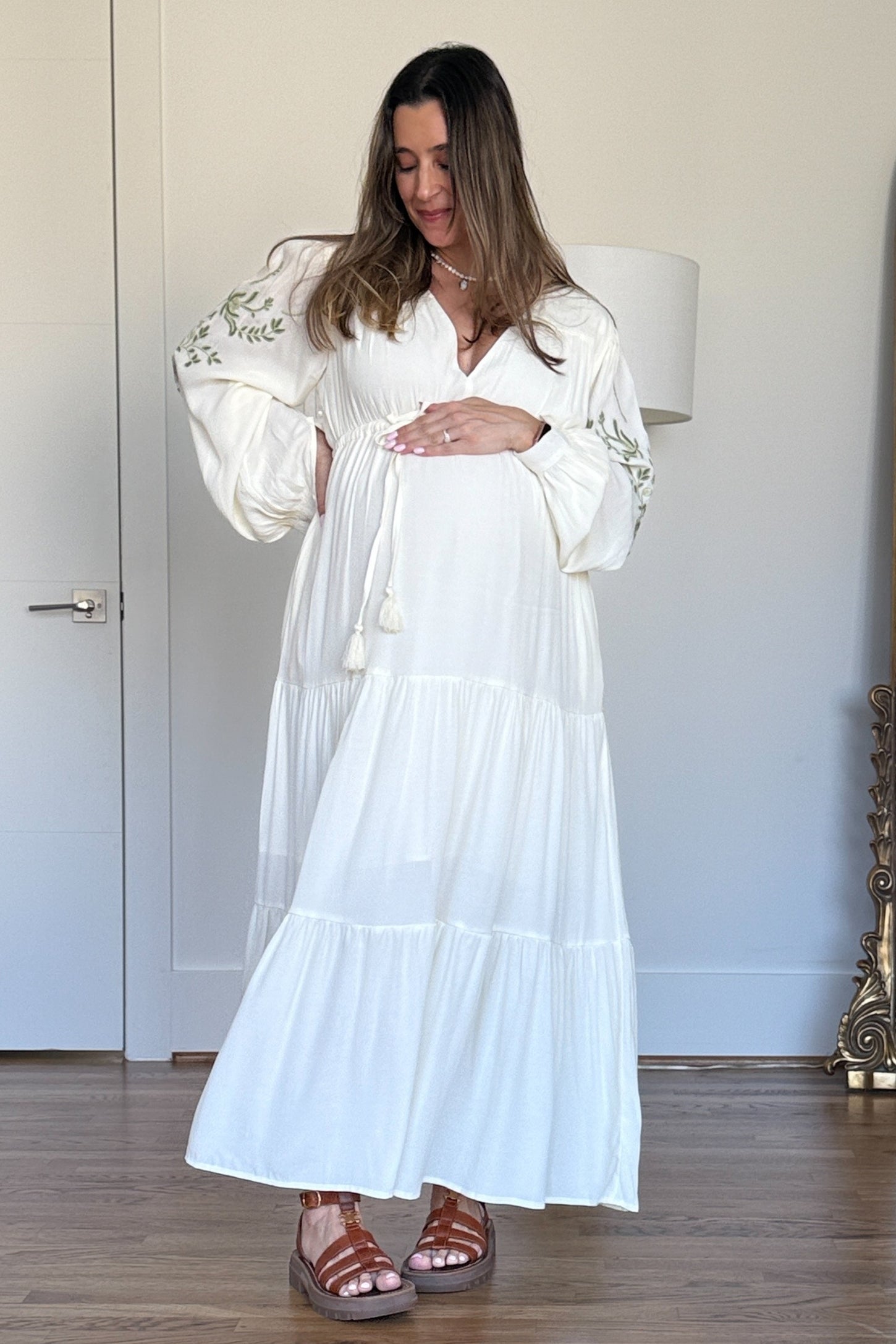 Cream Embroidered Long Sleeve Maternity Maxi Dress