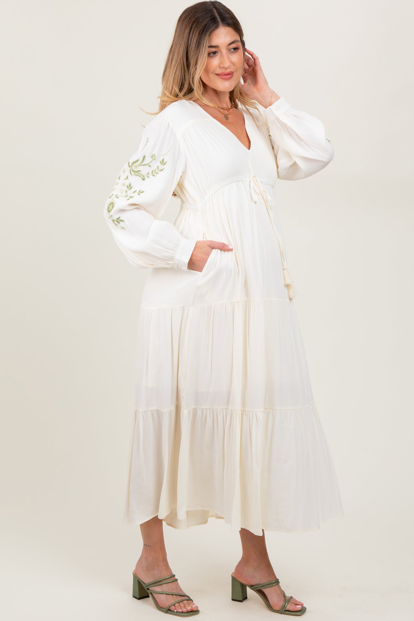 Cream Embroidered Long Sleeve Maternity Maxi Dress