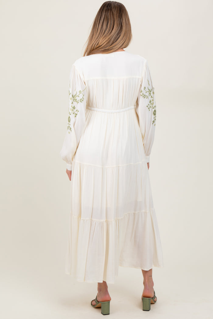 Cream Embroidered Long Sleeve Maternity Maxi Dress