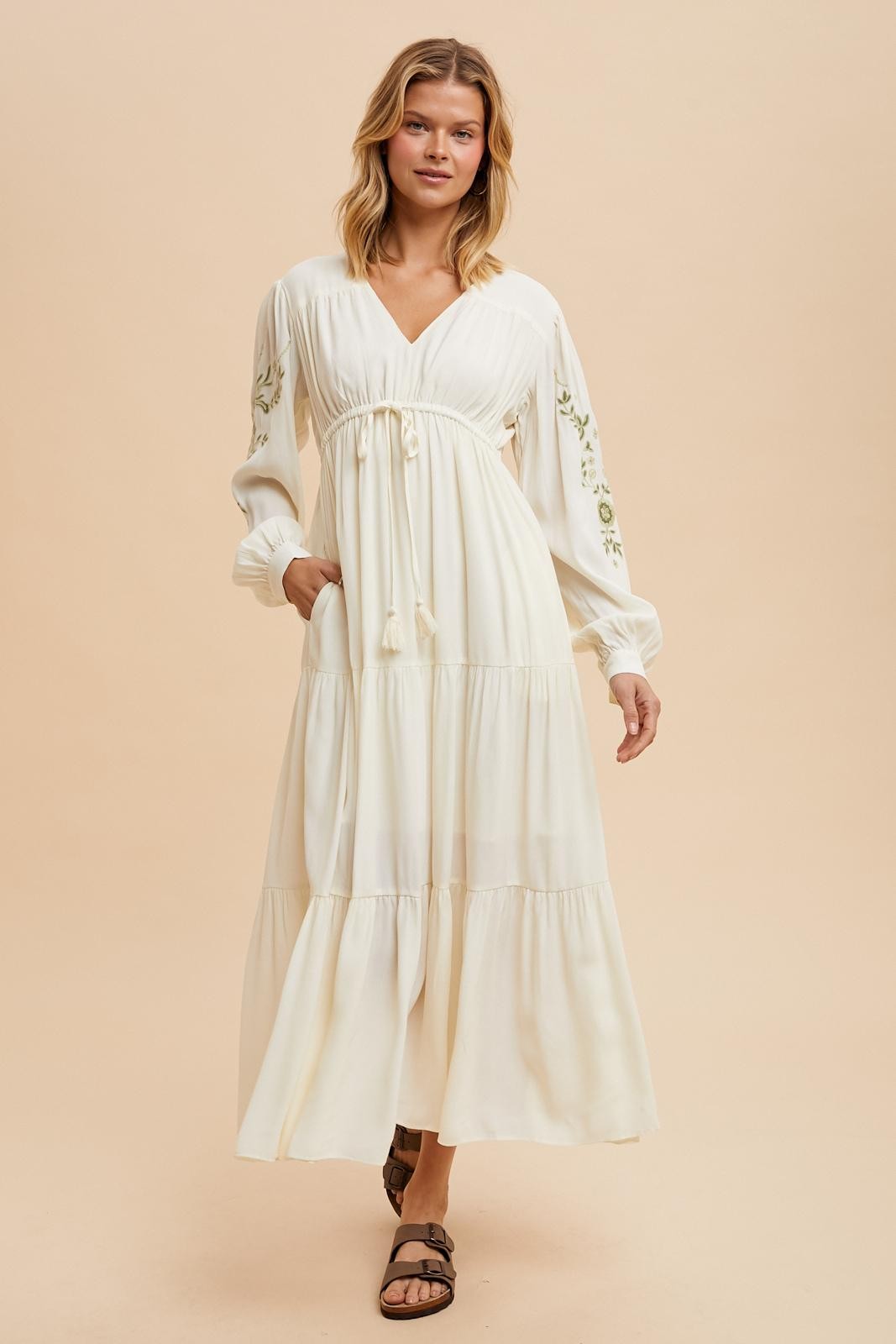 Cream Embroidered Long Sleeve Maternity Maxi Dress