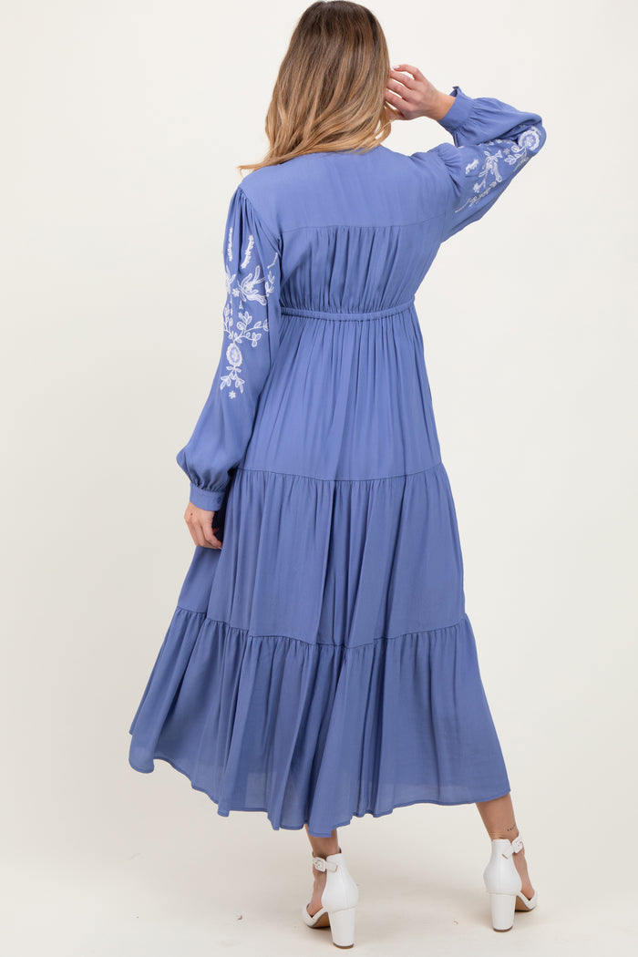 Blue Embroidered Long Sleeve Maternity Maxi Dress