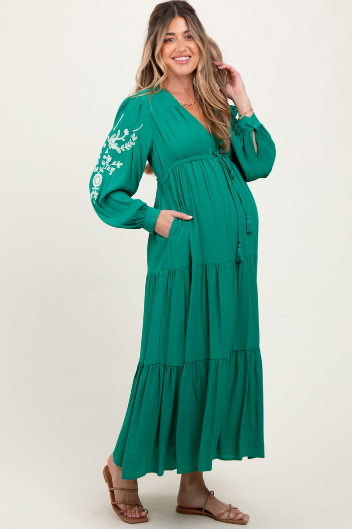 Jade Embroidered Long Sleeve Maternity Maxi Dress
