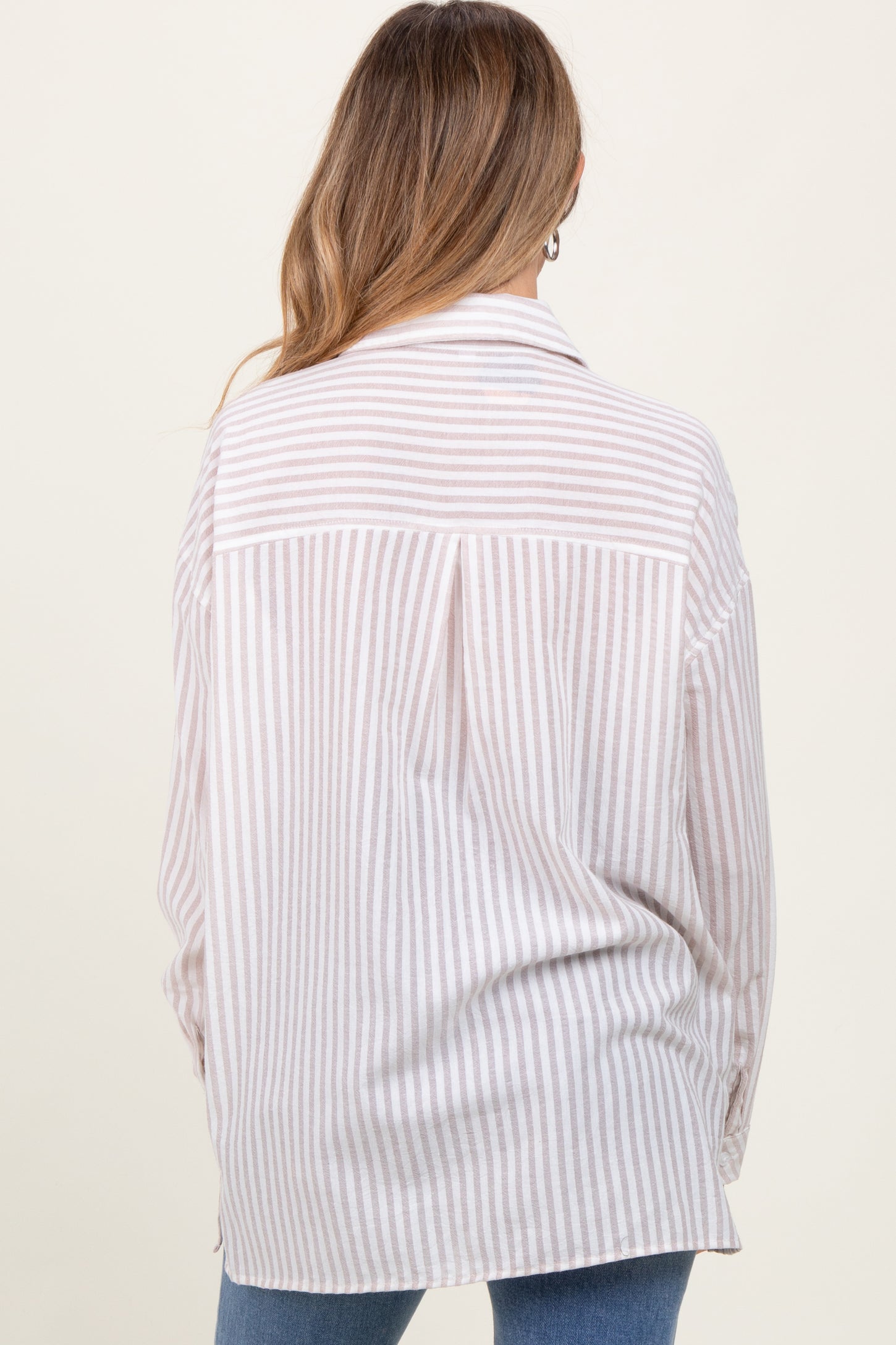 Beige Striped Double Pocket Maternity Button Down Top