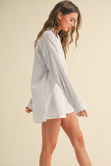 Blue Striped Double Pocket Button Down Top