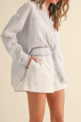 Blue Striped Double Pocket Button Down Top