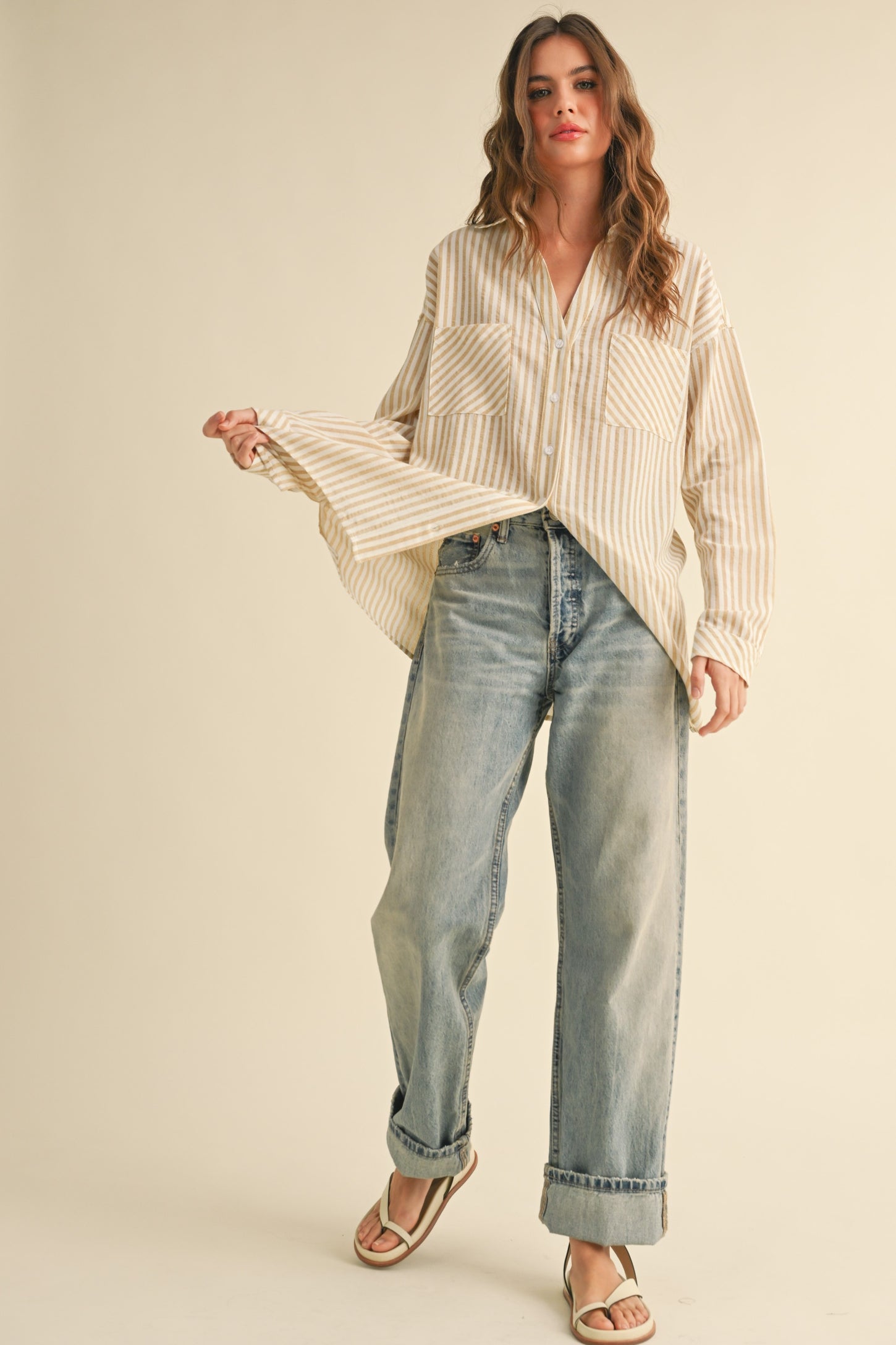 Dark Yellow Striped Double Pocket Button Down Top