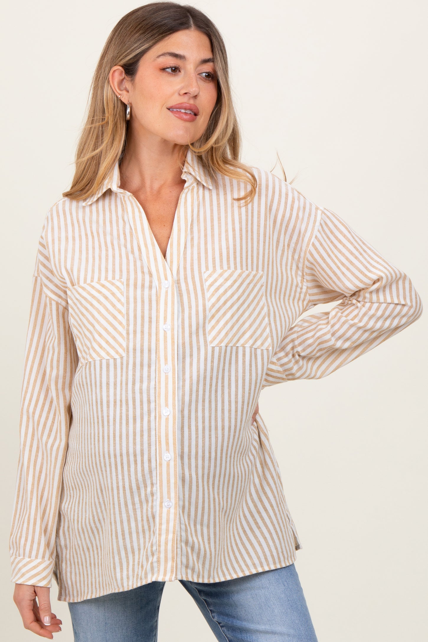 Dark Yellow Striped Double Pocket Maternity Button Down Top