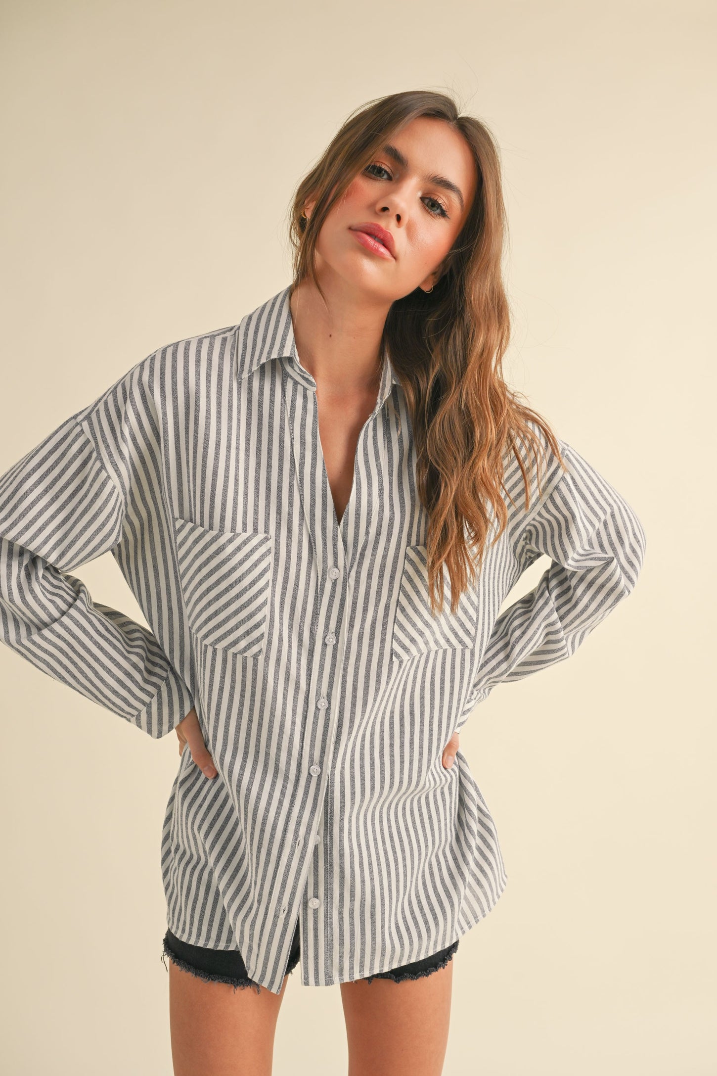 Navy Striped Double Pocket Button Down Top