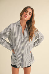 Navy Striped Double Pocket Button Down Top