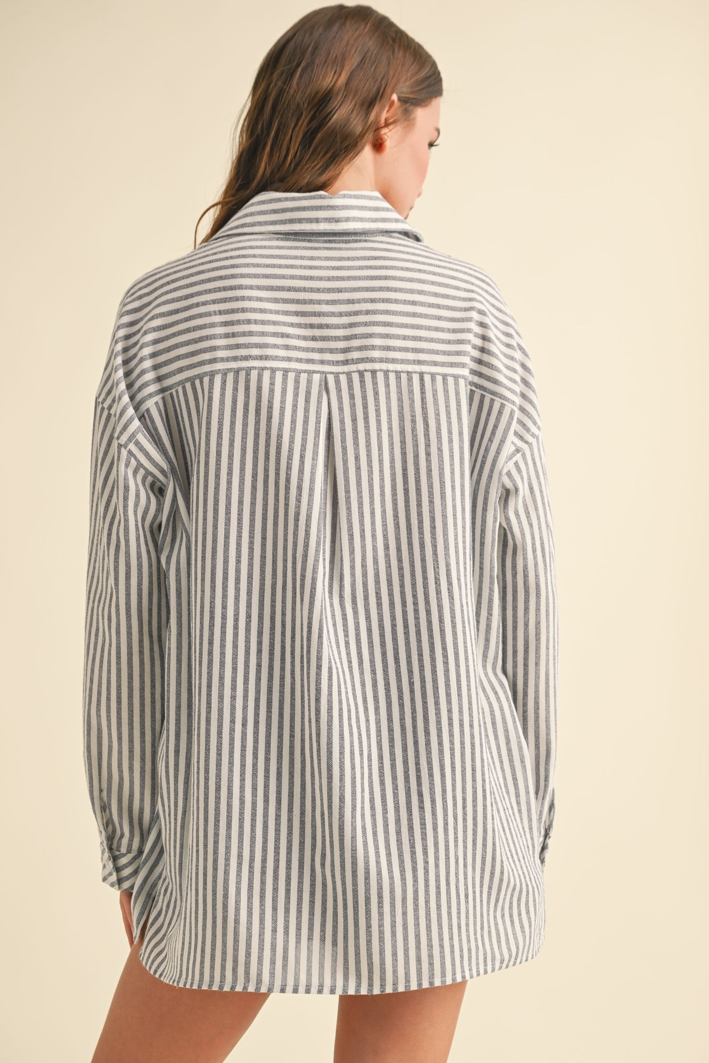 Navy Striped Double Pocket Button Down Top
