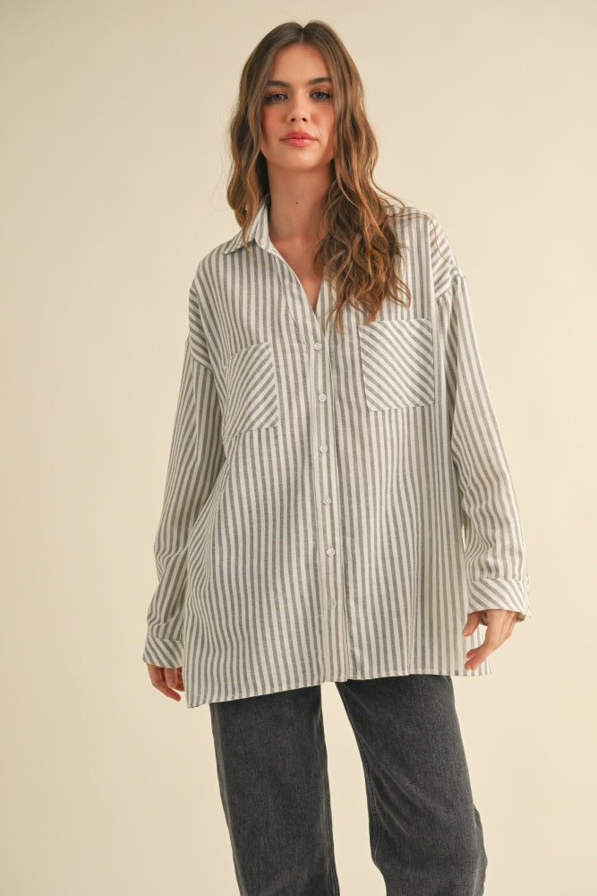 Olive Striped Double Pocket Button Down Top
